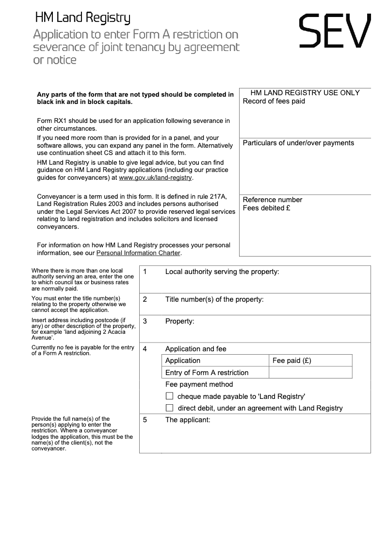 SEV Application to enter a Form A restriction on severance of joint tenancy by agreement or notice preview