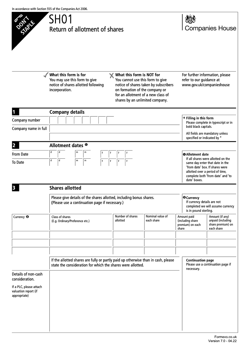 SH01 Return of allotment of shares Section 555 preview