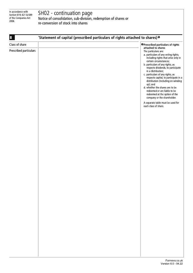 SH02 Continuation Page 2 Statement of capital Prescribed particulars of rights to shares continuation page SH02 Notice of consolidation sub division redemption of shares or re conversion of stock into shares Sections 619 621 689 preview