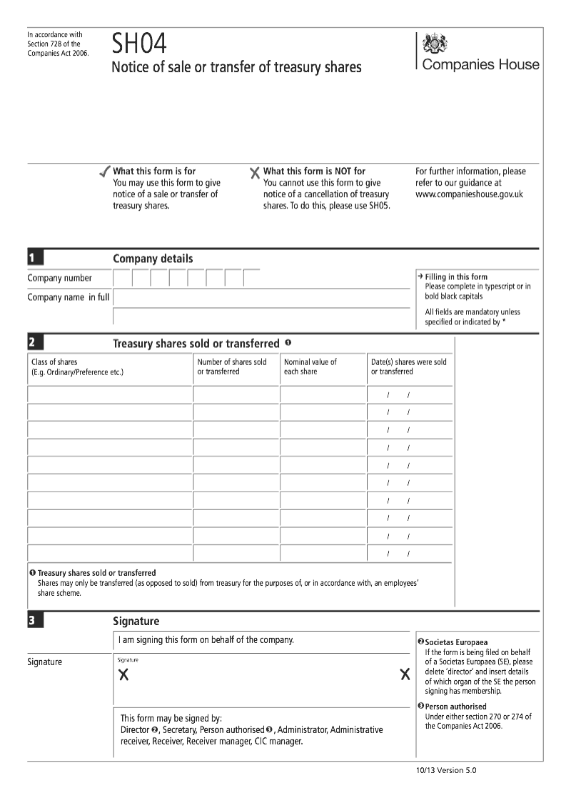 SH04 Notice of sale or transfer of treasury shares Section 728 preview