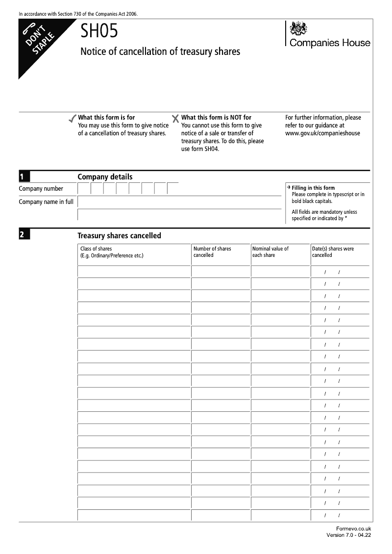 SH05 Notice of cancellation of treasury shares Section 730 preview