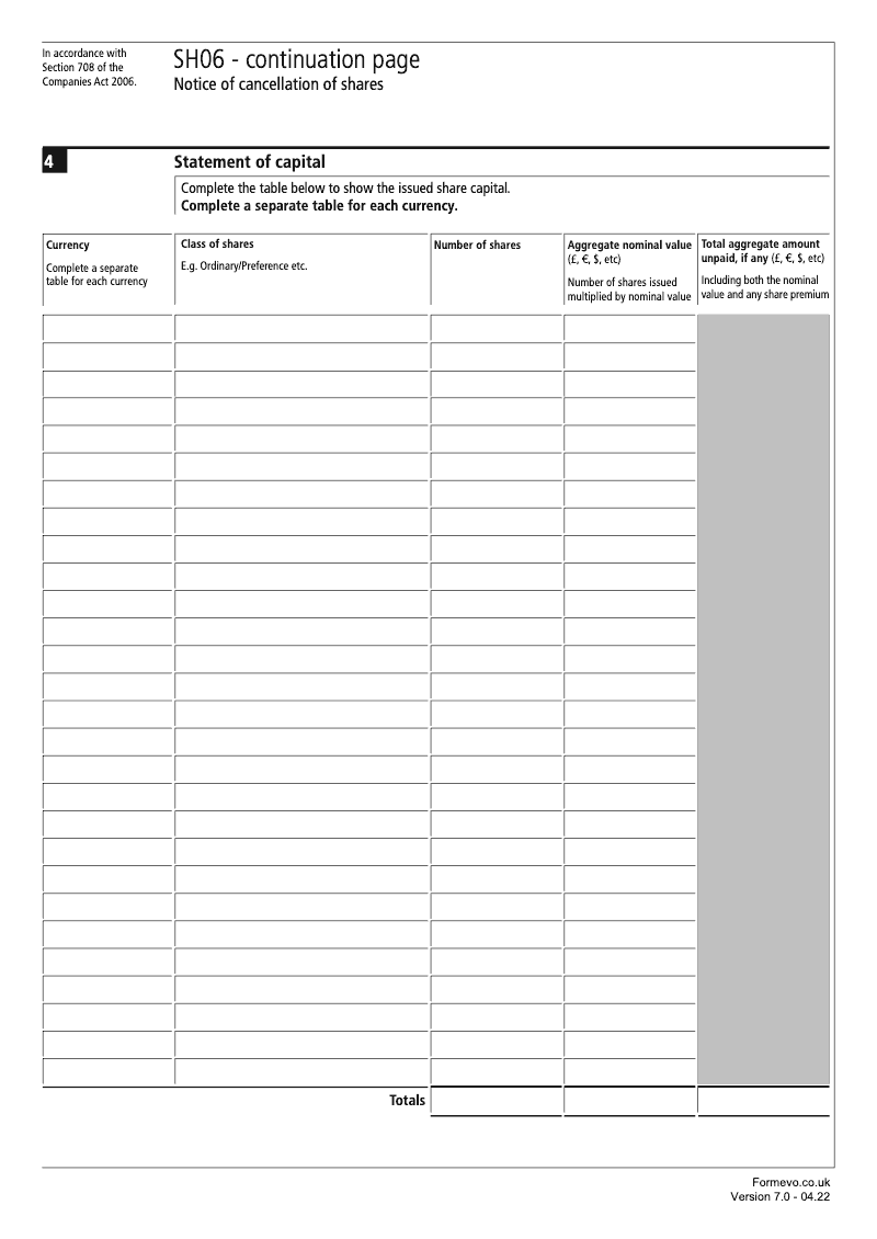 SH06 Continuation Page 1 Statement of capital continuation page SH06 Notice of cancellation of shares Section 708 preview