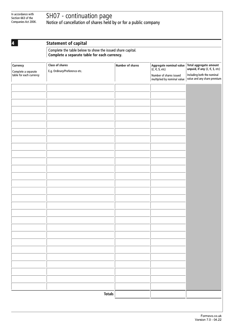 SH07 Continuation Page 1 Statement of capital continuation page SH07 Notice of cancellation of shares held by or for a public company Section 663 preview