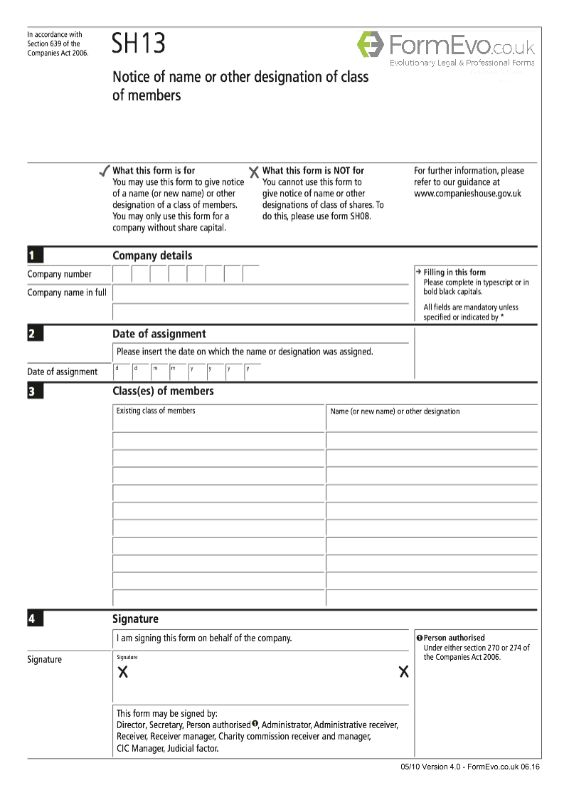 SH13 Notice of name or other designation of class of members Section 639 preview