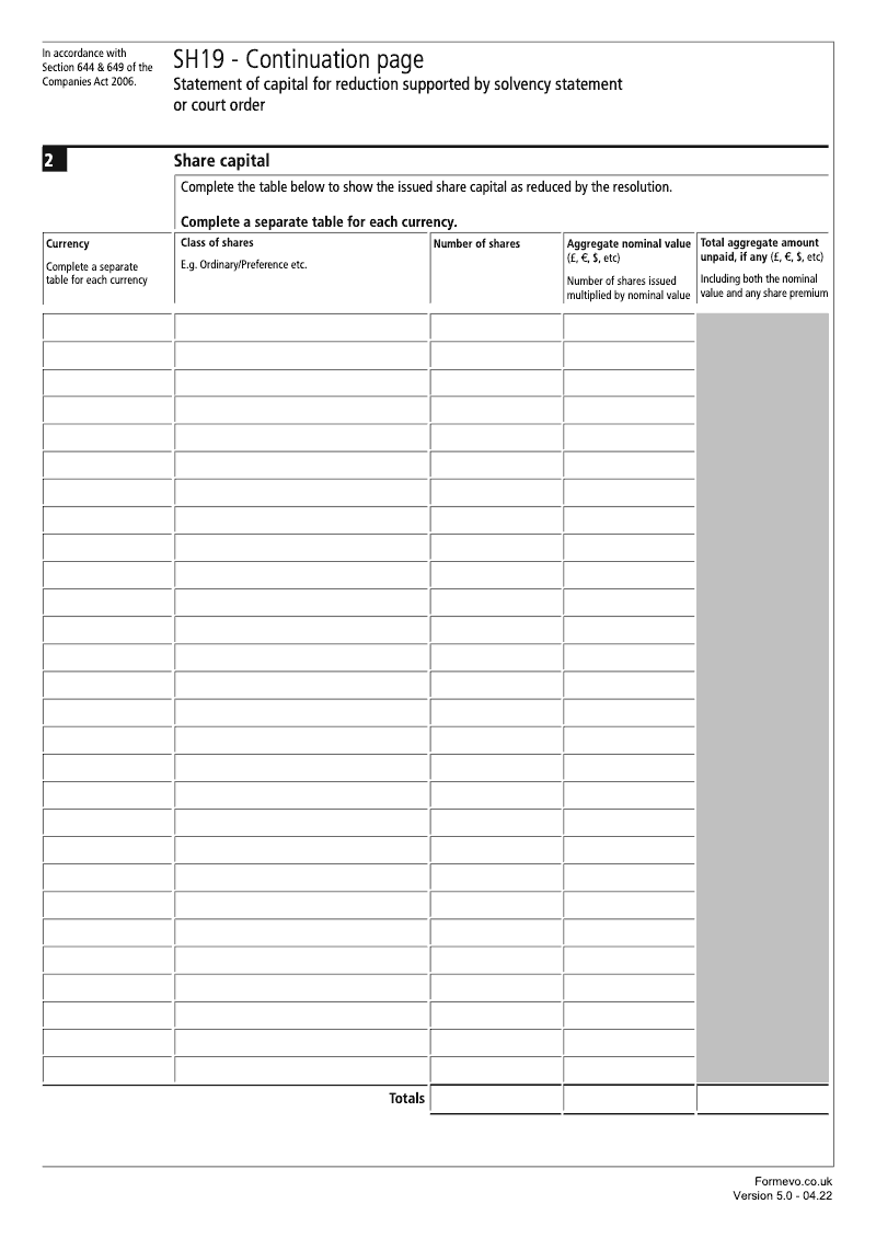 SH19 Section 644 Continuation Page 1 Statement of capital continuation page SH19 Statement of capital Section 644 649 preview