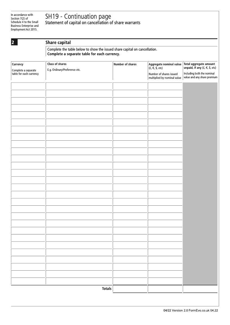 SH19 Section 7 2 Continuation Page 1 Statement of capital continuation page SH19 Statement of capital on cancellation of share warrants Section 7 2 of Schedule 4 to the Small Business Enterprise and Employment Act 2015 preview