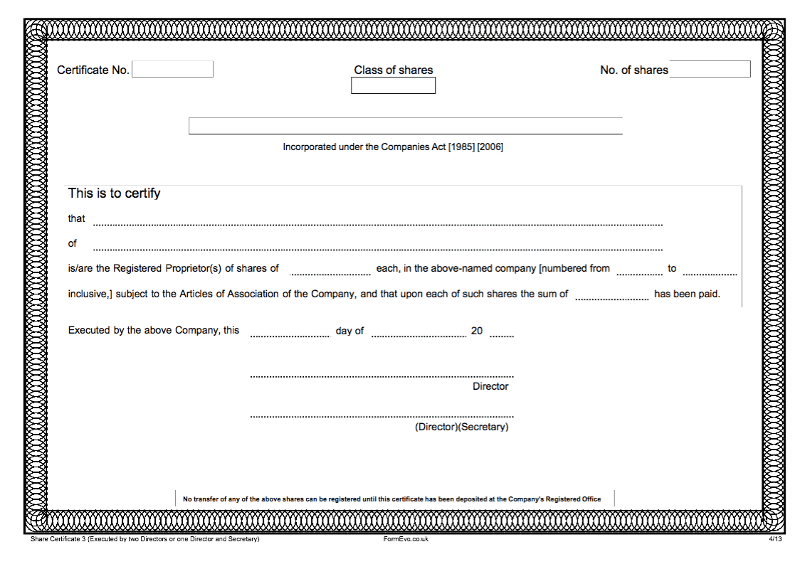 Share Certificate 3 Share Certificate Executed by two Directors or one Director and Secretary preview