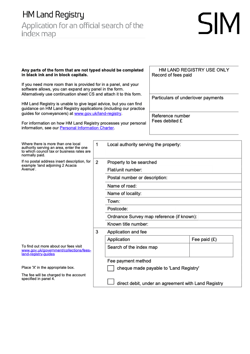 SIM Application for an official search of the index map preview