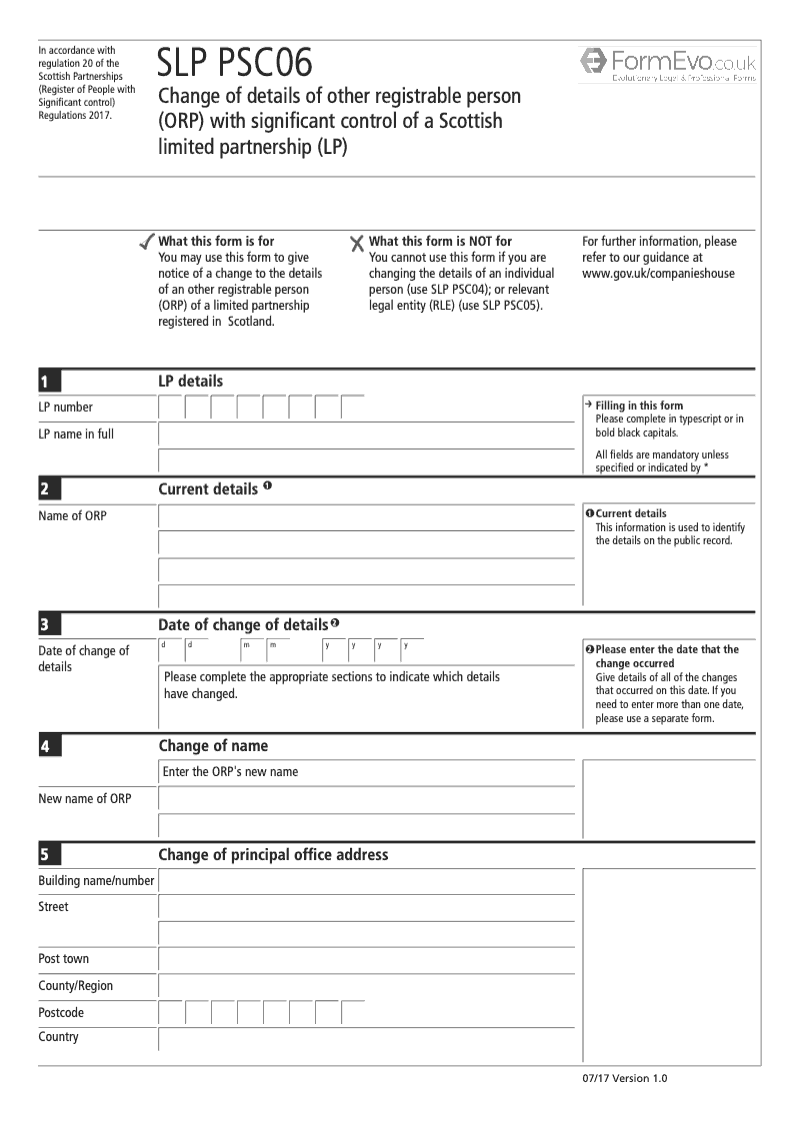 SLPPSC06 Change of Details of Other Registrable Person ORP with Significant Control of a Scottish Limited Partnership LP preview