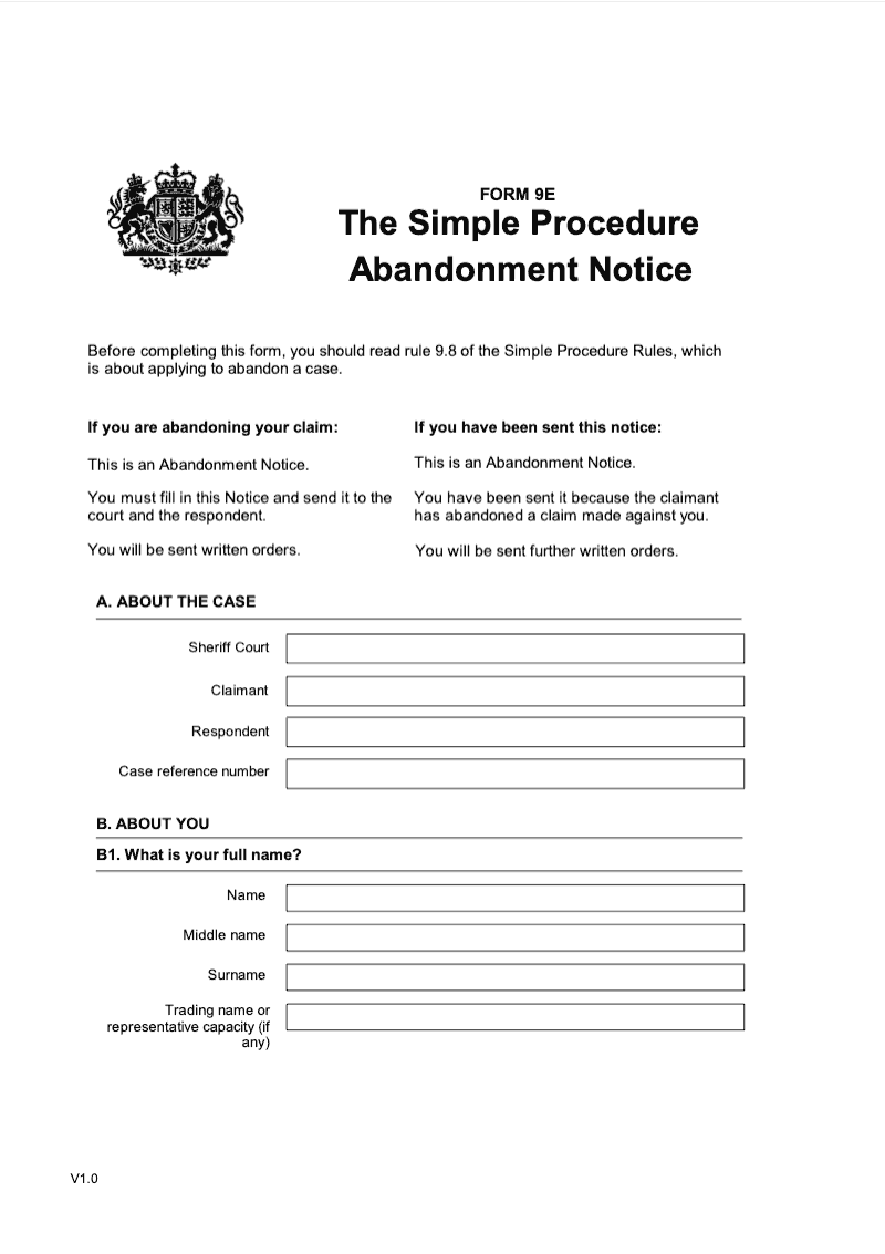 SP FORM9E Simple Procedure Abandonment Notice preview