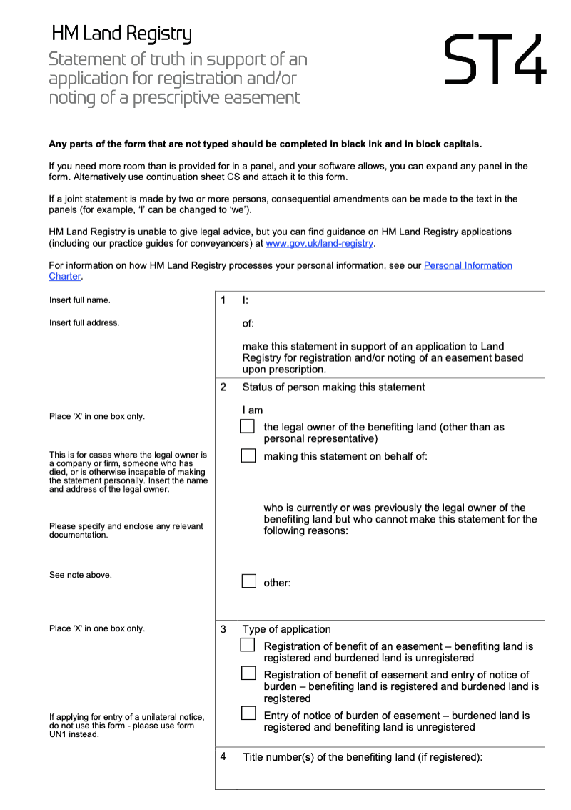 ST4X Statement of truth in support of an application for registration and or noting of a prescriptive easement Word Version preview