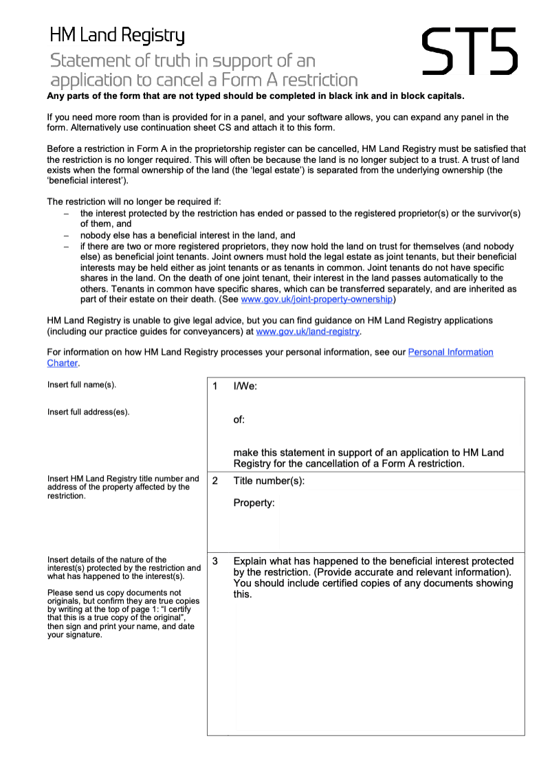 ST5X Statement of truth in support of an application to cancel a Form A restriction Word Version preview