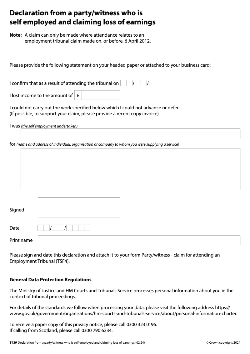 T439 Declaration from a party witness who is self employed and claiming loss of earnings preview