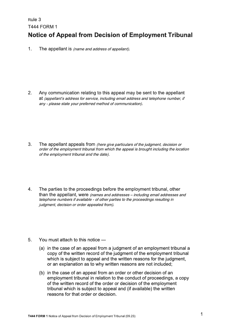 T444 Notice of appeal from decision of Employment Tribunal Rule 3 Form 1 preview