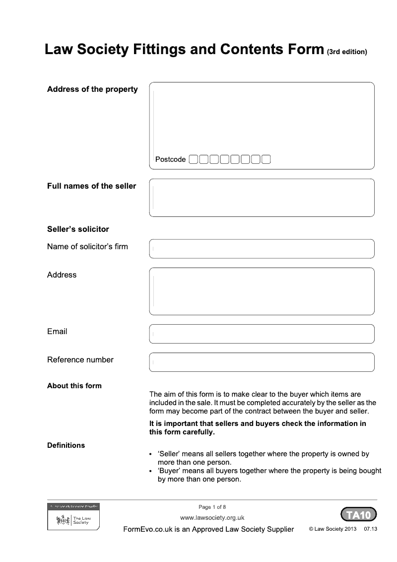 TA10V TA10 Law Society Fittings and Contents Form 3rd edition electronic signature available preview