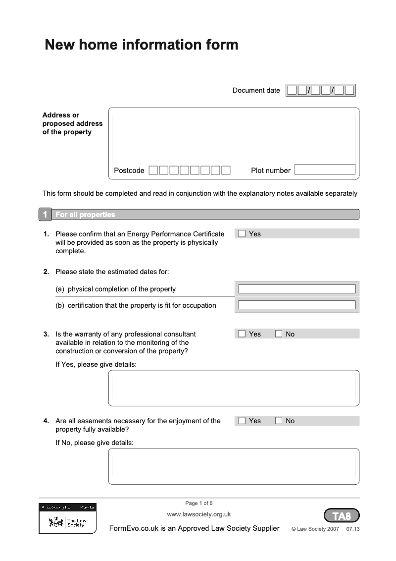 TA8 New home information form preview