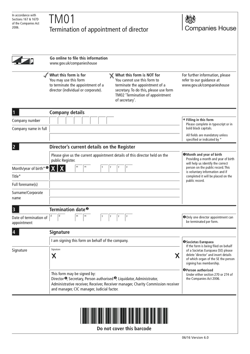 TM01 Termination of appointment of director (Section 167 and 167D) preview