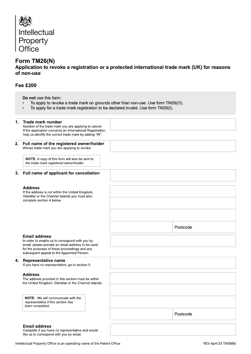 TM26 N Application to revoke a registration or a protected international trade mark UK for reasons of non use preview