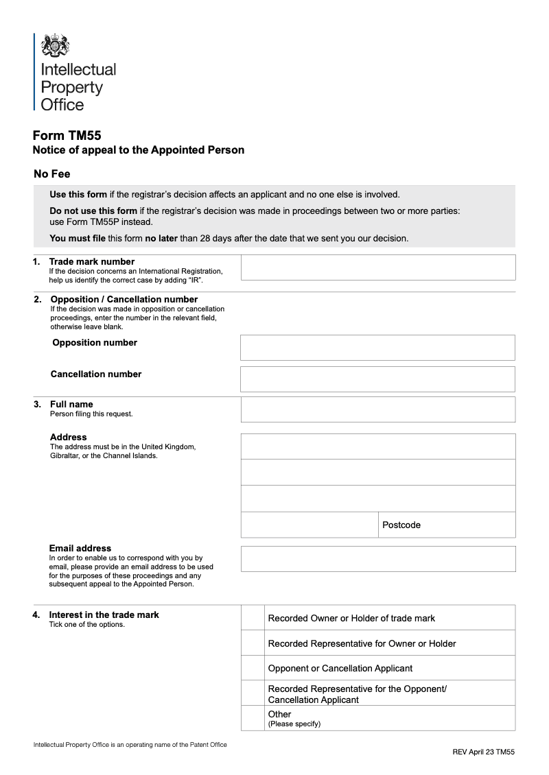 TM55 Notice of appeal to the appointed person preview