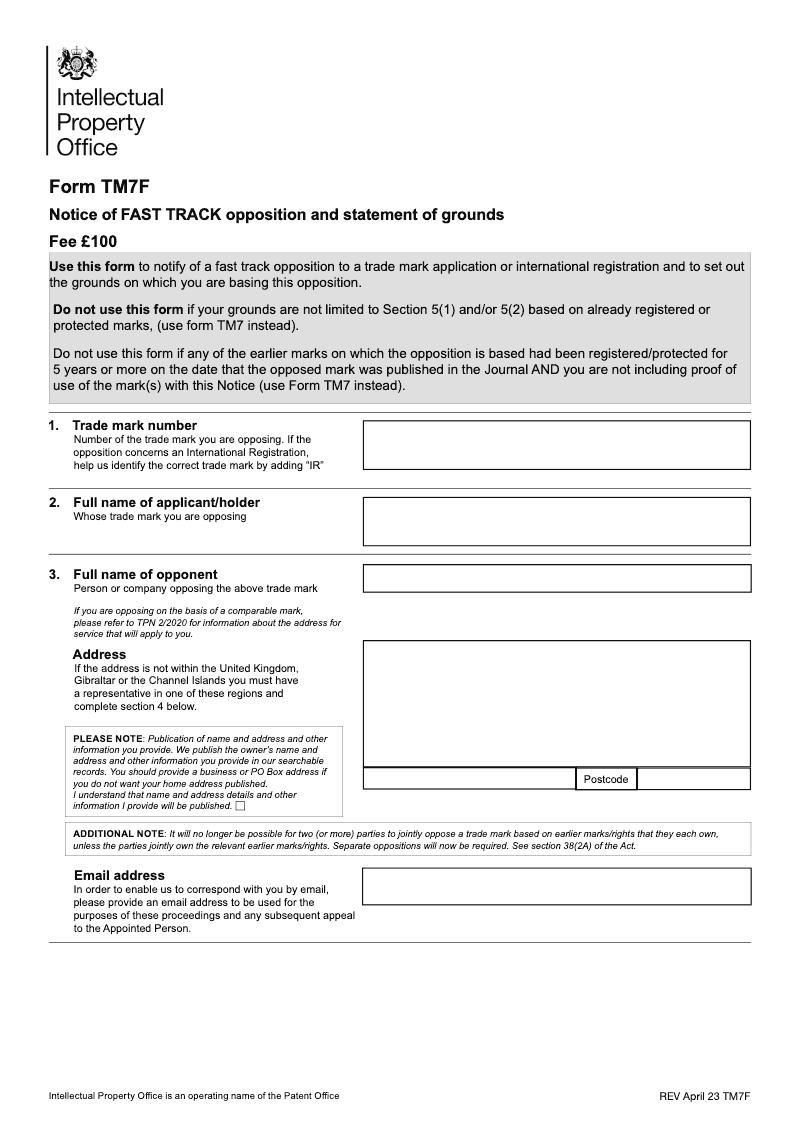 TM7F Notice of fast Track opposition and statement of grounds preview