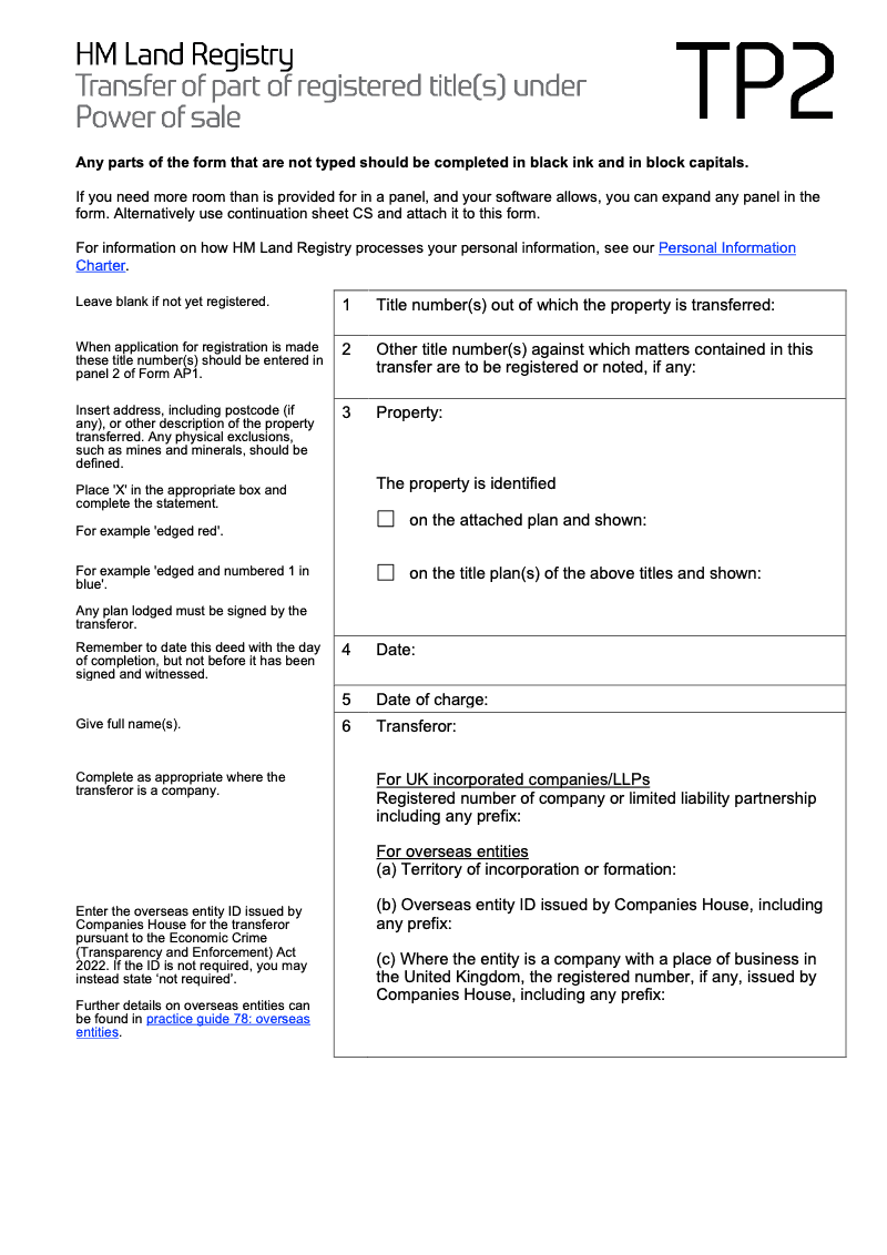 TP2X Transfer of part of registered title s under power of sale Word Version preview