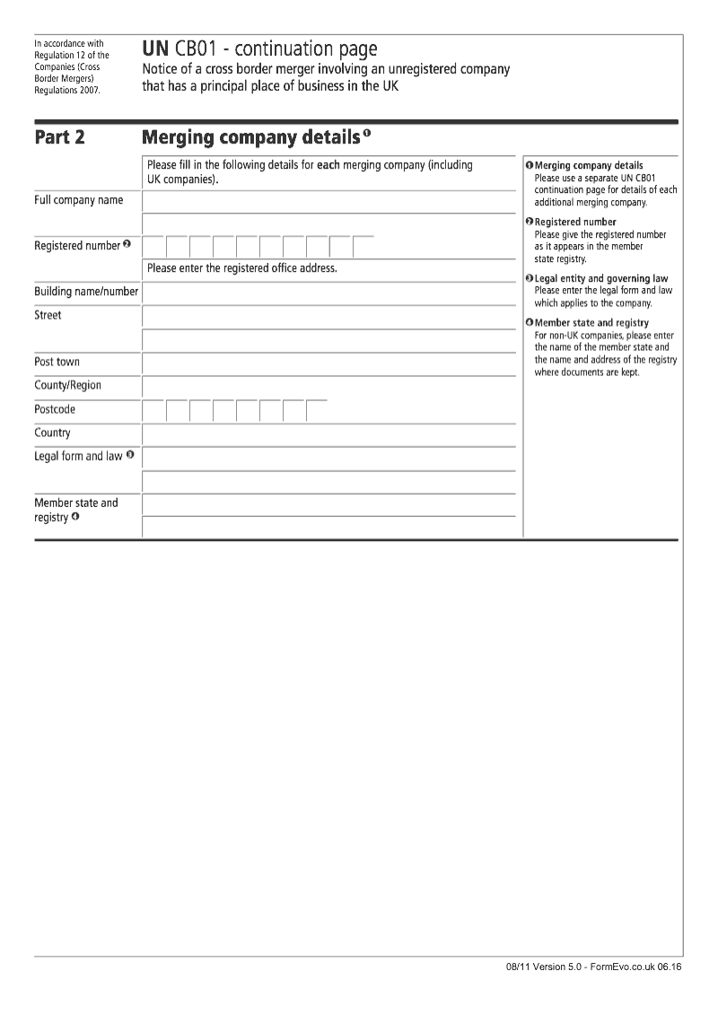 UN CB01 Continuation Page 1 Merging company details continuation page UN CB01 Notice of a cross border merger involving an unregistered company that has a principal place of business in the UK preview